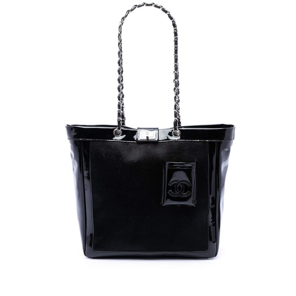 Chanel Pony Hair and Patent Mademoiselle Turnlock Tote Black Very good condition - Front View