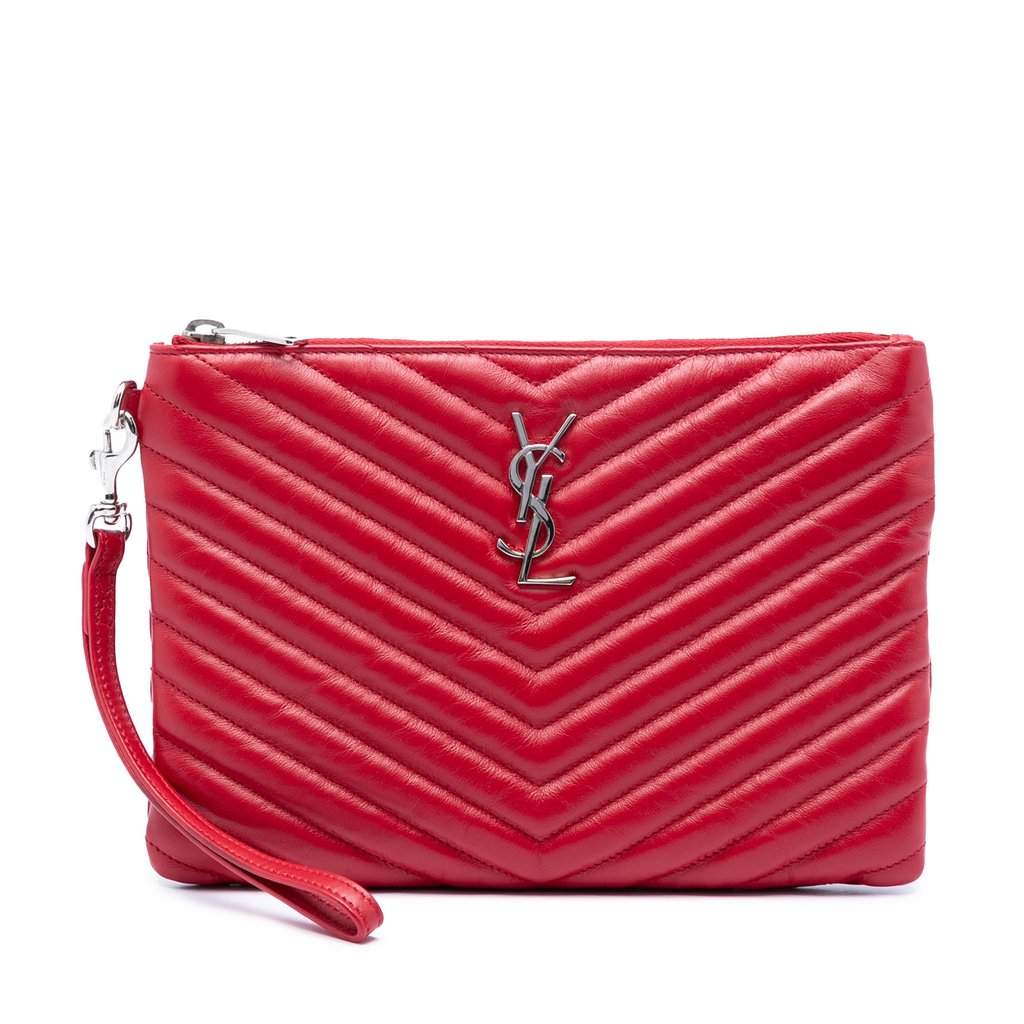 Saint Laurent Chevron Leather Monogram Zip A5 Wristlet Pouch Red Leather Very good condition - Front View
