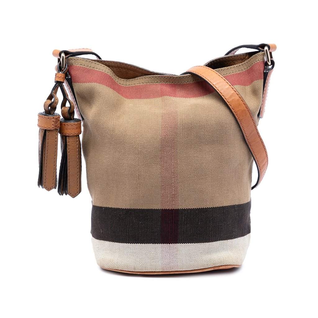 Burberry Mini Mega Check Canvas Ashby Tassel Bucket Bag Brown Very good - Front View
