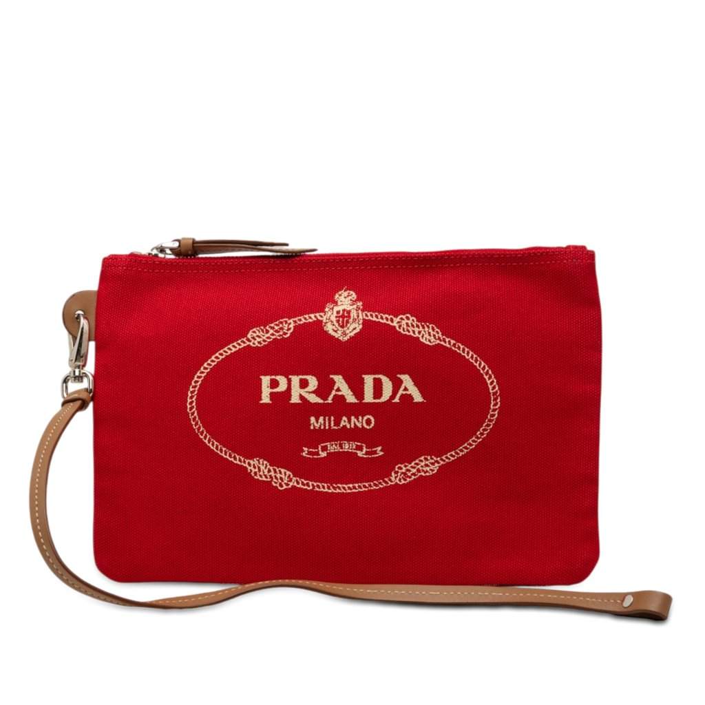 Prada Canvas Canapa Logo Wristlet Pouch Red Very good condition - Front View