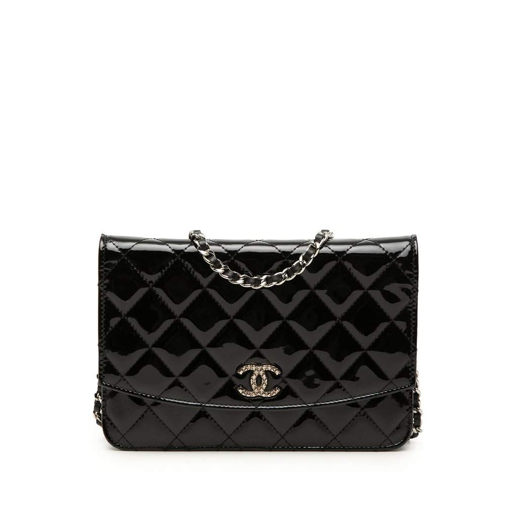 Chanel CC Quilted Patent Brilliant Wallet On Chain Black Leather Very good condition - Front View