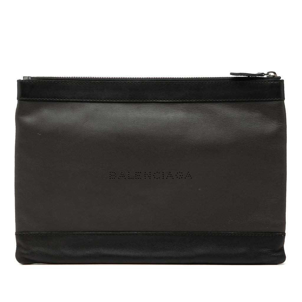 Balenciaga Perforated Calfskin Navy Clip Clutch M Black Leather Very good - Front View