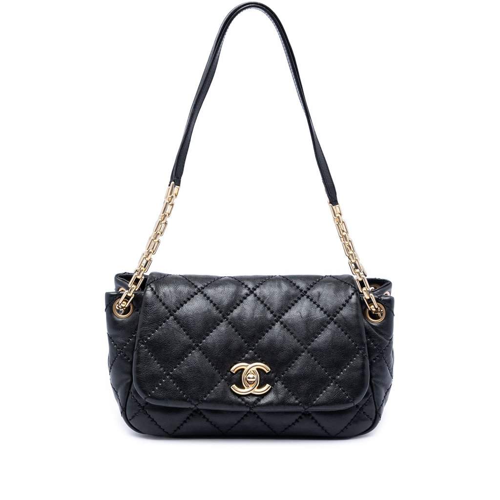 Chanel Quilted Calfskin Stitch Retro Chain Accordion Flap Black Leather Very good condition - Front View