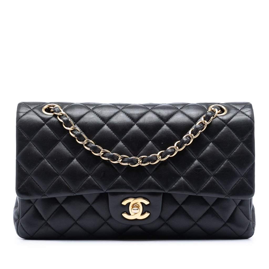 Chanel Medium Classic Lambskin Double Flap Black Leather Very good - Front View