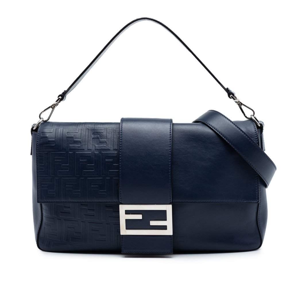 Fendi Large Zucca Embossed Leather Convertible Belt Baguette Blue Leather Very good condition - Front View