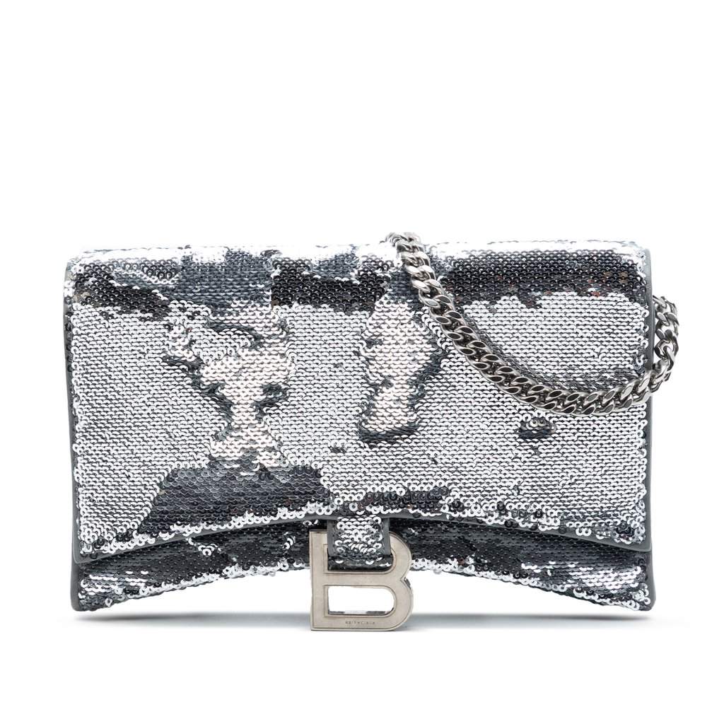Balenciaga Nappa Sequin Hourglass Wallet on Chain Silver Leather Very good condition - Front View