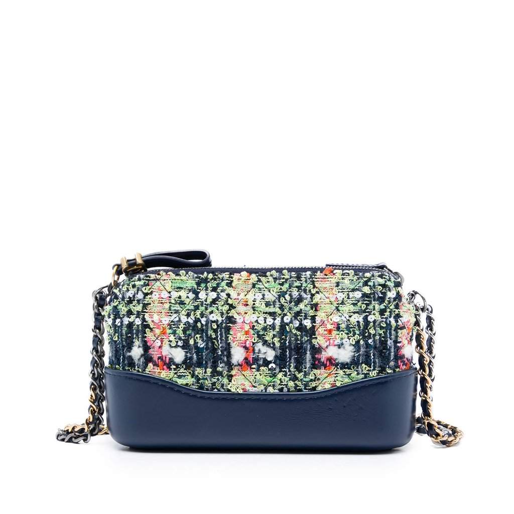 Chanel Tweed Gabrielle Double Zip Clutch with Chain Blue Min