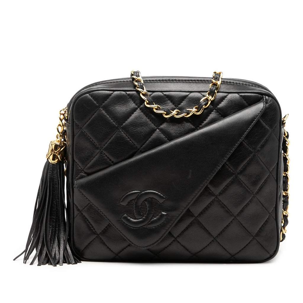 Chanel Mini CC Quilted Lambskin Tassel Camera Bag Black Leather Very good condition - Front View