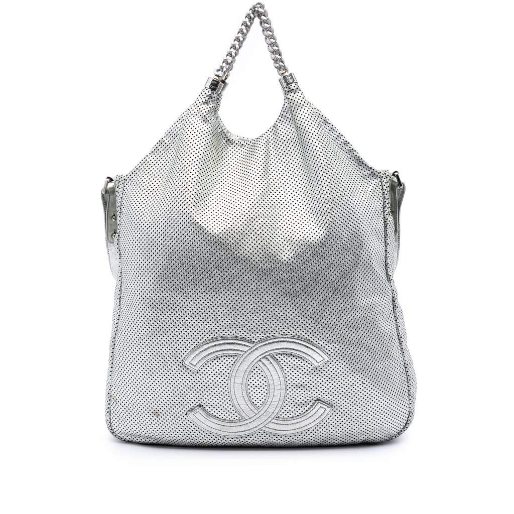 Chanel Large Metallic Glazed Calfskin Perforated Rodeo Drive Satchel Silver Leather Very good condition - Front View