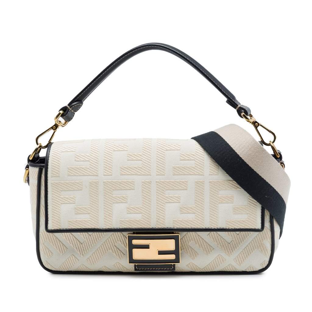 Fendi Zucca Embroidered Canvas Baguette Satchel White Very good condition - Front View