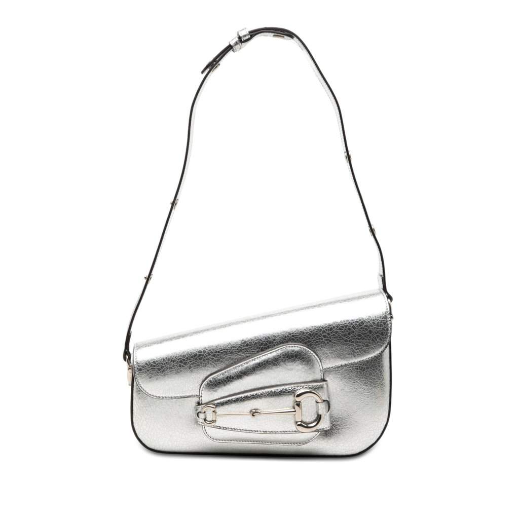 Gucci Metallic Textured Calfskin Asymmetric Horsebit 1955 Shoulder Bag Silver Leather Very good condition - Front View