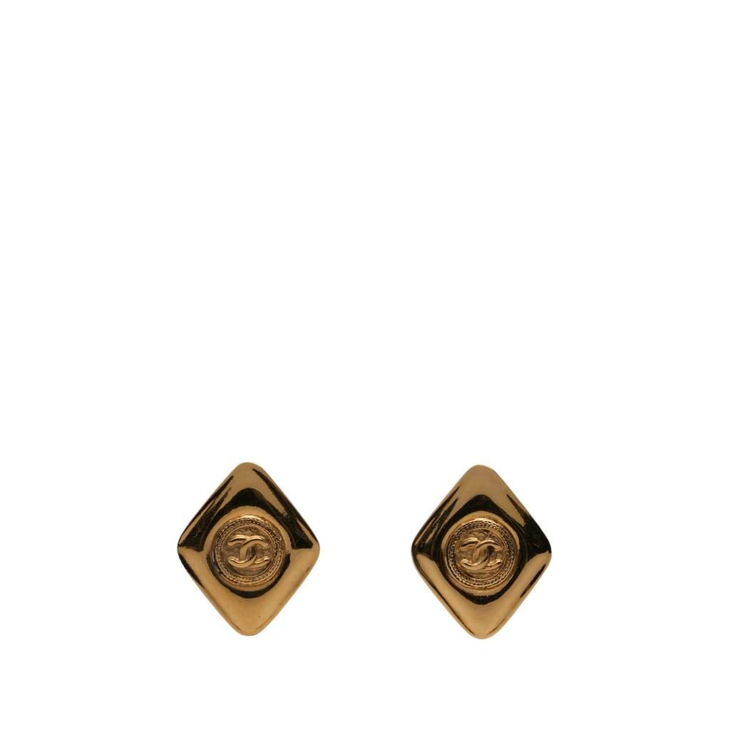 Chanel CC Gold Plated Rhombus Clip On Earrings Gold Metal Very good - Front View