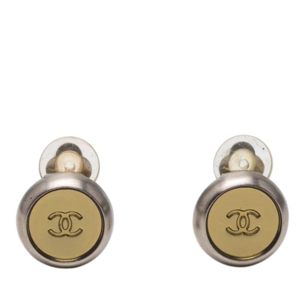 Chanel CC Brass and Gold Plated Disc Clip On Earrings Silver Metal Very good condition - Front View