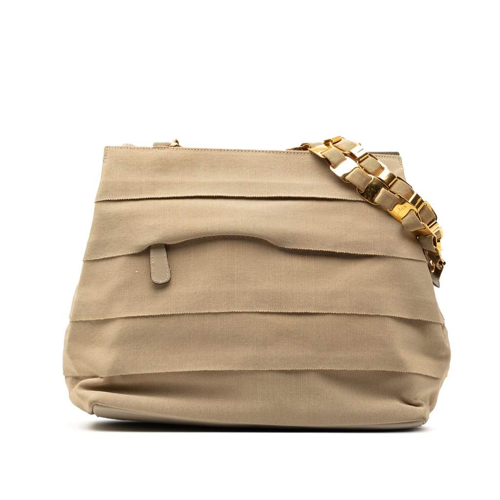 Salvatore Ferragamo Nylon Tiered Grosgrain Shouder Bag Beige Very good condition - Front View