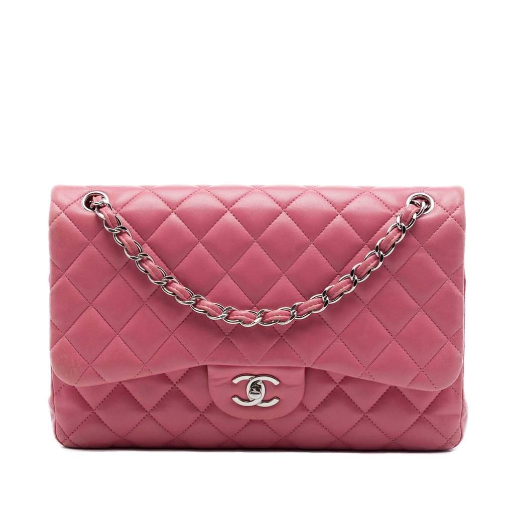 Chanel Jumbo Classic Lambskin Double Flap Pink Leather Very good condition - Front View