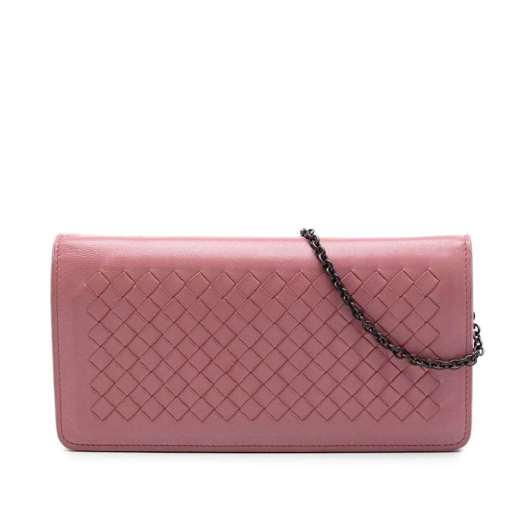 Bottega Veneta Nappa Intrecciato Continental Wallet on Chain Pink Leather Very good condition - Front View