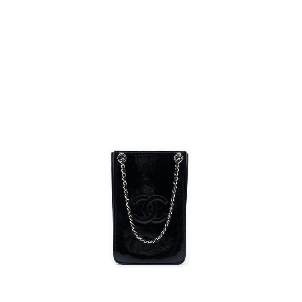 Chanel CC Patent Phone Holder Crossbody Black Leather Very good - Front View