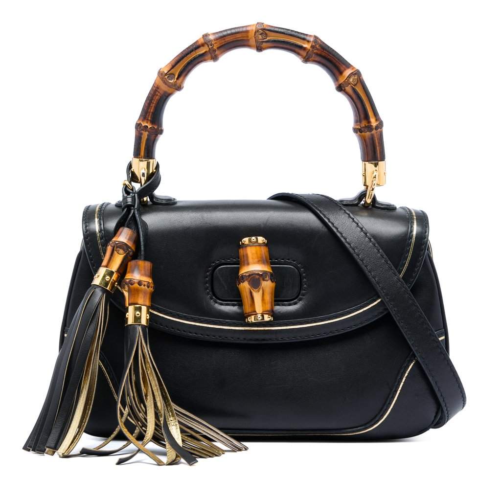 Gucci Medium Calfskin New Bamboo Top Handle Bag Black Leather Very good - Front View