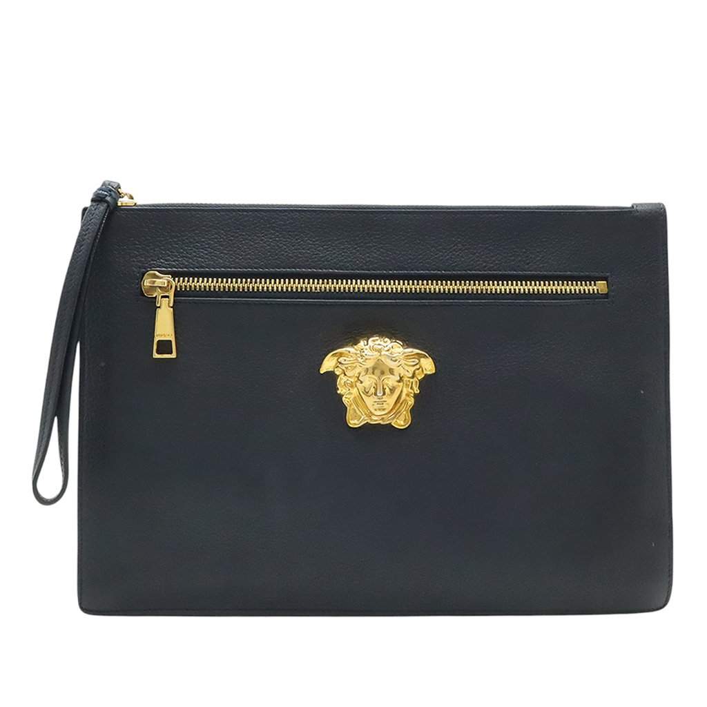 Versace Large La Medusa Palazzo Leather Clutch Black Leather Very good condition - Front View
