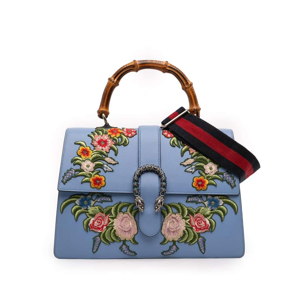 Gucci Large Calfskin Floral Embroidered Bamboo Dionysus Web Satchel Blue Leather Very good - Front View