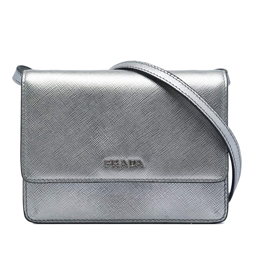Prada Saffiano Wallet on Strap Silver Leather Very good - Front View