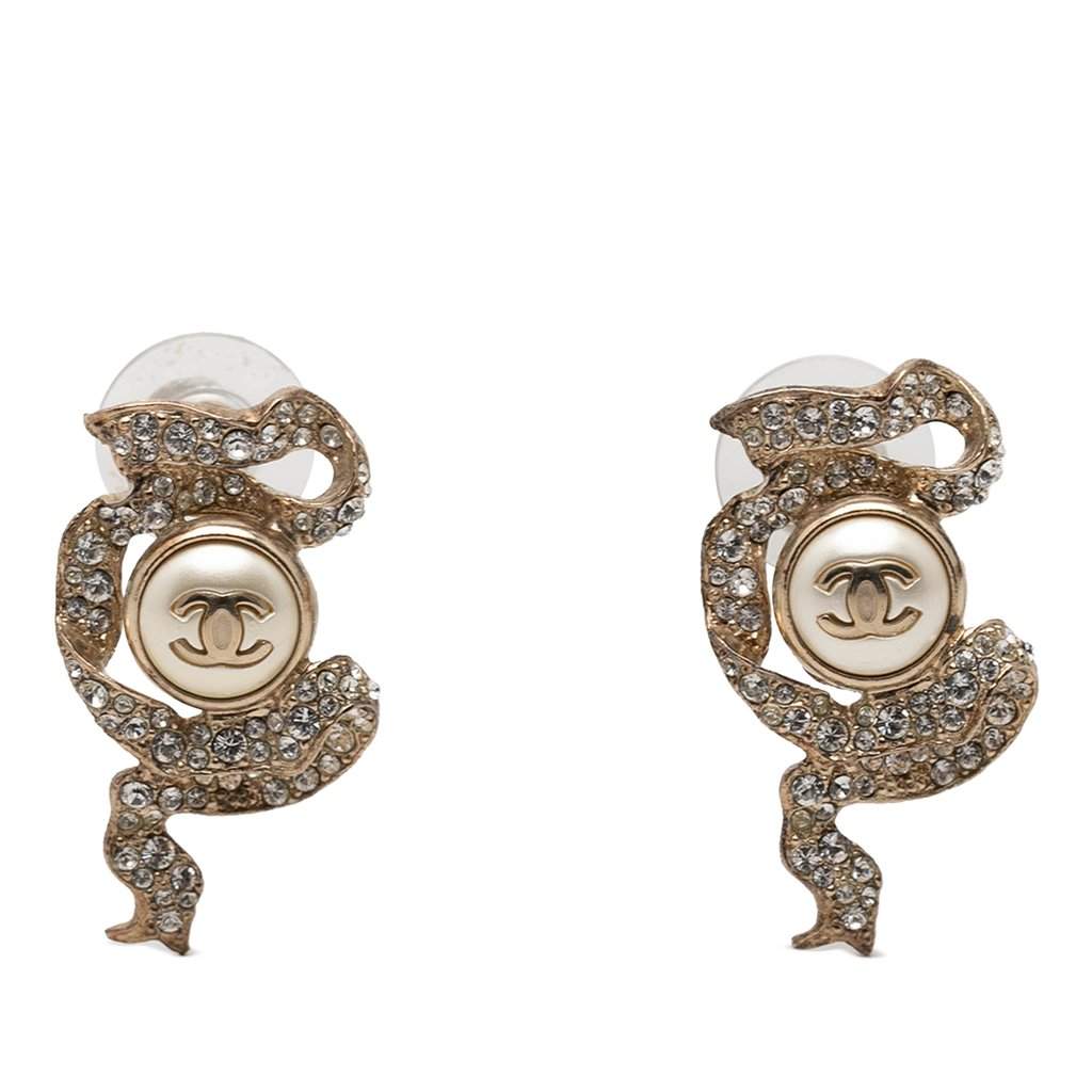 Chanel CC Gold Plated Faux Pearl & Strass Ribbon Push Back Earrings Gold Metal Very good condition - Front View