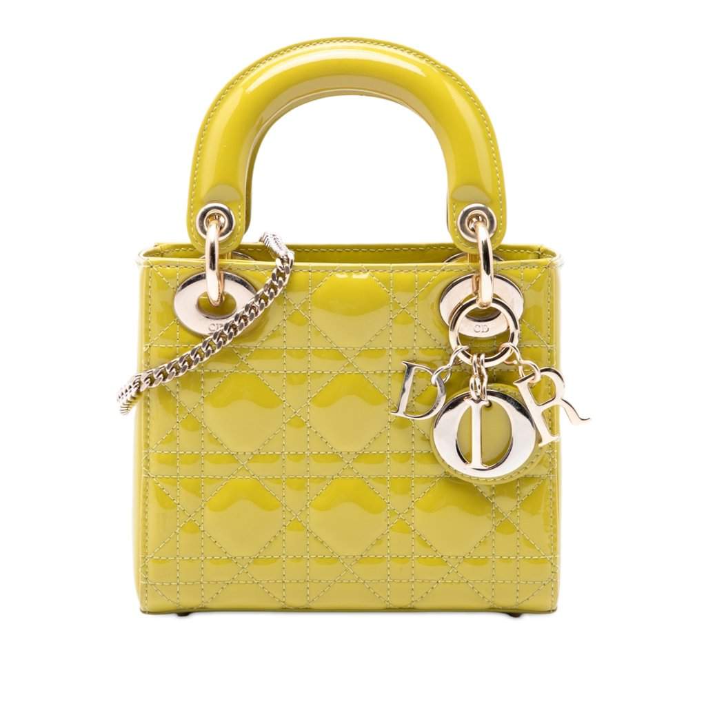 Dior Mini Patent Cannage Lady Dior Yellow Leather Very good - Front View