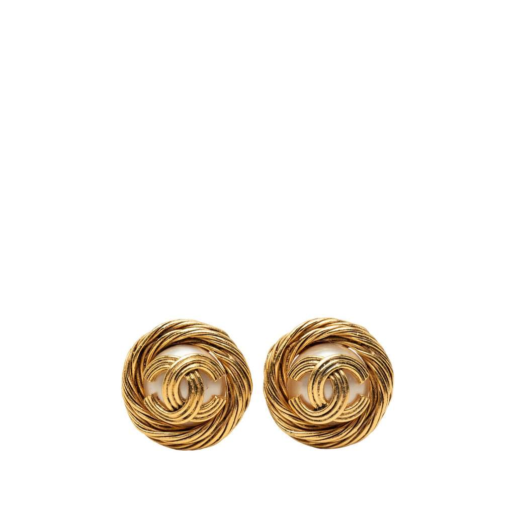 Chanel CC Gold Plated Faux Pearl Clip On Earrings Gold Metal Good - Front View