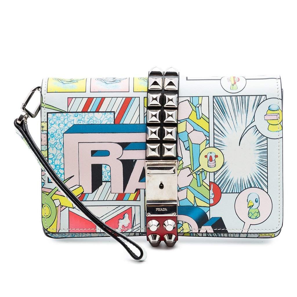 Prada Comic Print Studded Leather Elektra Clutch White Leather Very good condition - Front View