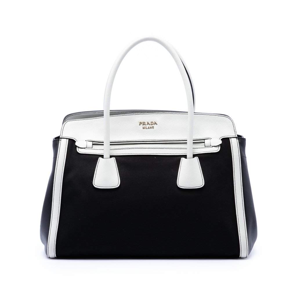 Prada Bicolor Saffiano Cuir Trimmed Canvas Satchel Black Very good - Front View