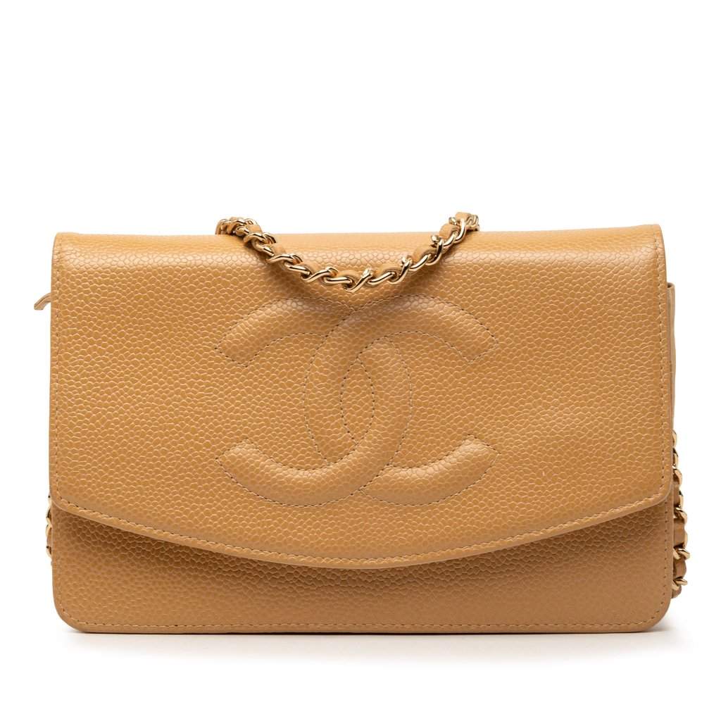 Chanel CC Caviar Wallet On Chain Beige Leather Very good condition - Front View