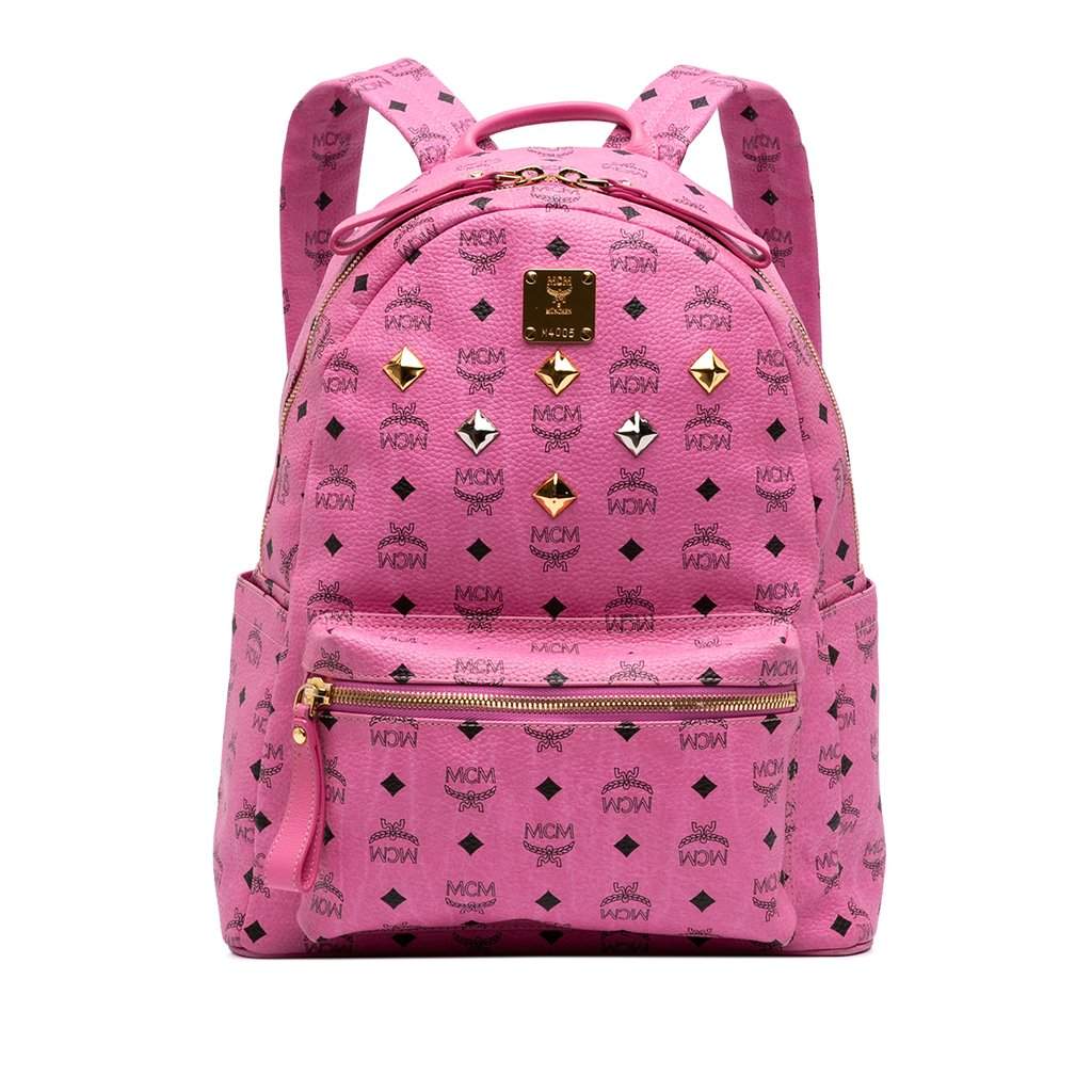 MCM Medium Studded Visetos Coated Canvas Stark Backpack Pink Very good - Front View