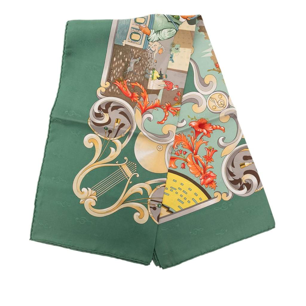Hermès Orgauphone et Autres Mecaniques Silk Scarf 90 Green Very good condition - Front View