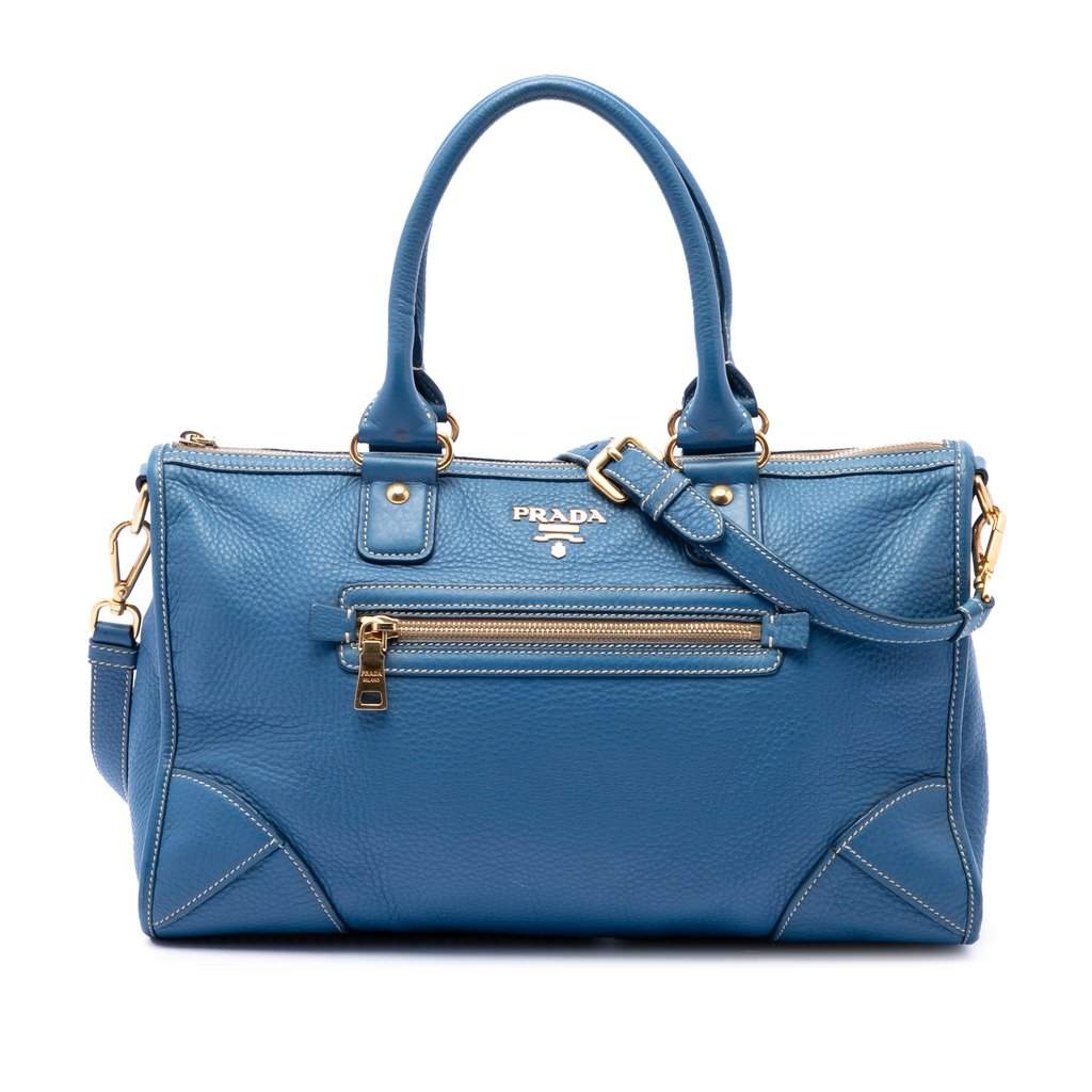Prada Vitello Daino Zip Top Satchel Blue Leather Very good condition - Front View