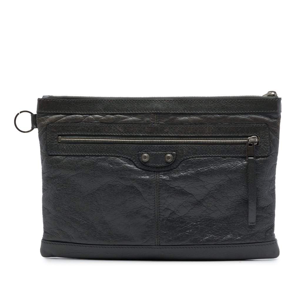 Balenciaga Lambskin Motocross Classic Clip Clutch M Black Leather Very good - Front View