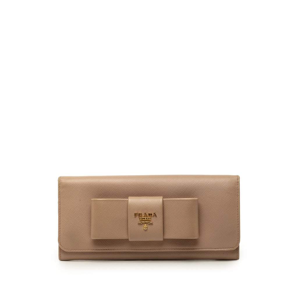 Prada Saffiano Bow Continental Long Wallet Brown Leather Very good - Front View