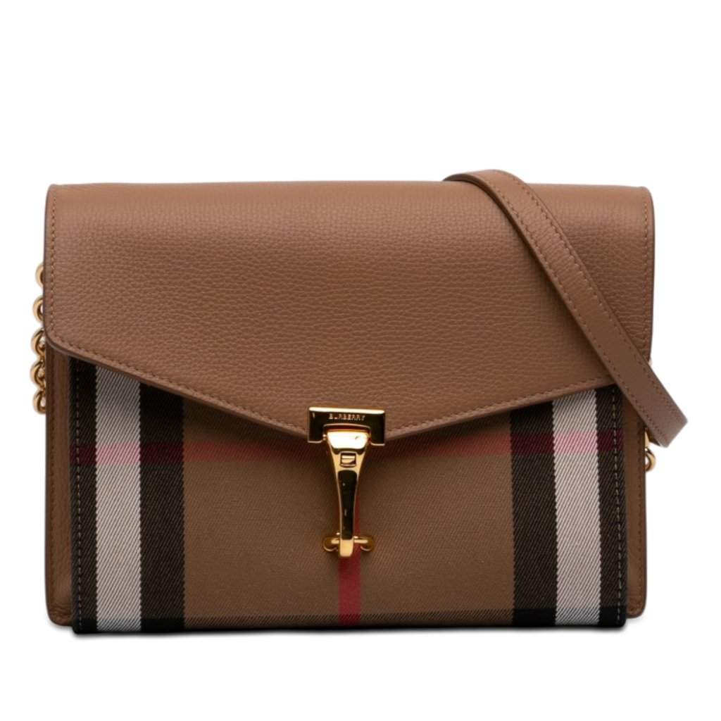 Burberry Small Leather and House Check Canvas Derby Macken Crossbody Brown Leather Very good - Front View