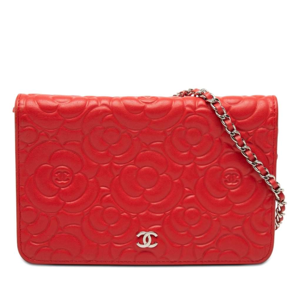 Chanel CC Embossed Lambskin Camellia Wallet On Chain Red Leather Very good - Front View