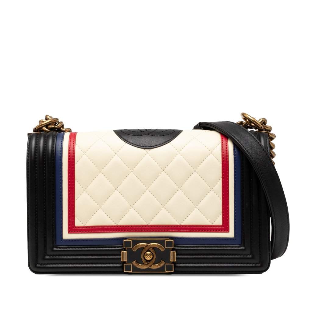 Chanel Old Medium Multicolor Quilted Lambskin Crest Boy Flap White Leather Very good condition - Front View