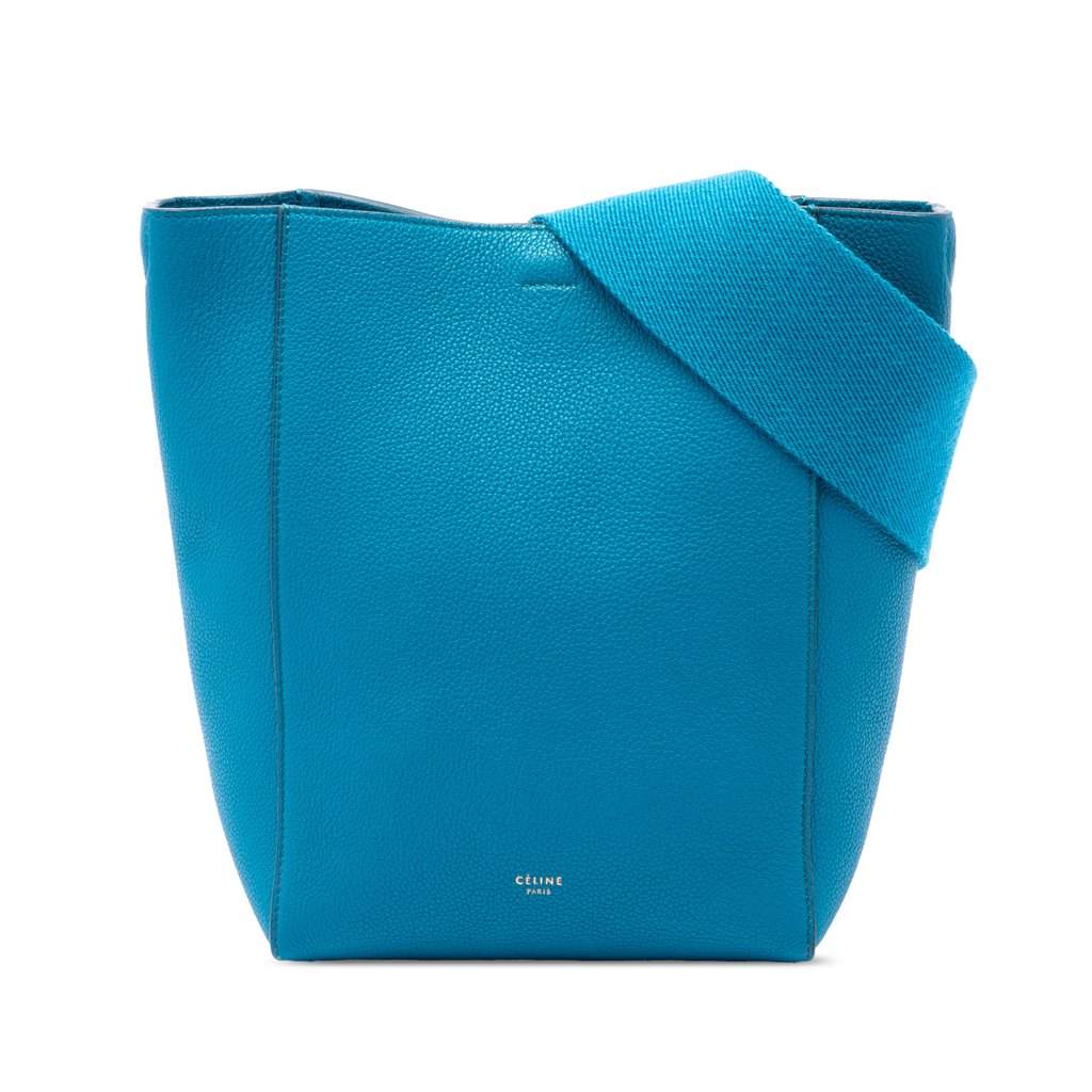Celine Small Soft Grained Calfskin Seau Sangle Bucket Bag Blue Leather Very good - Front View