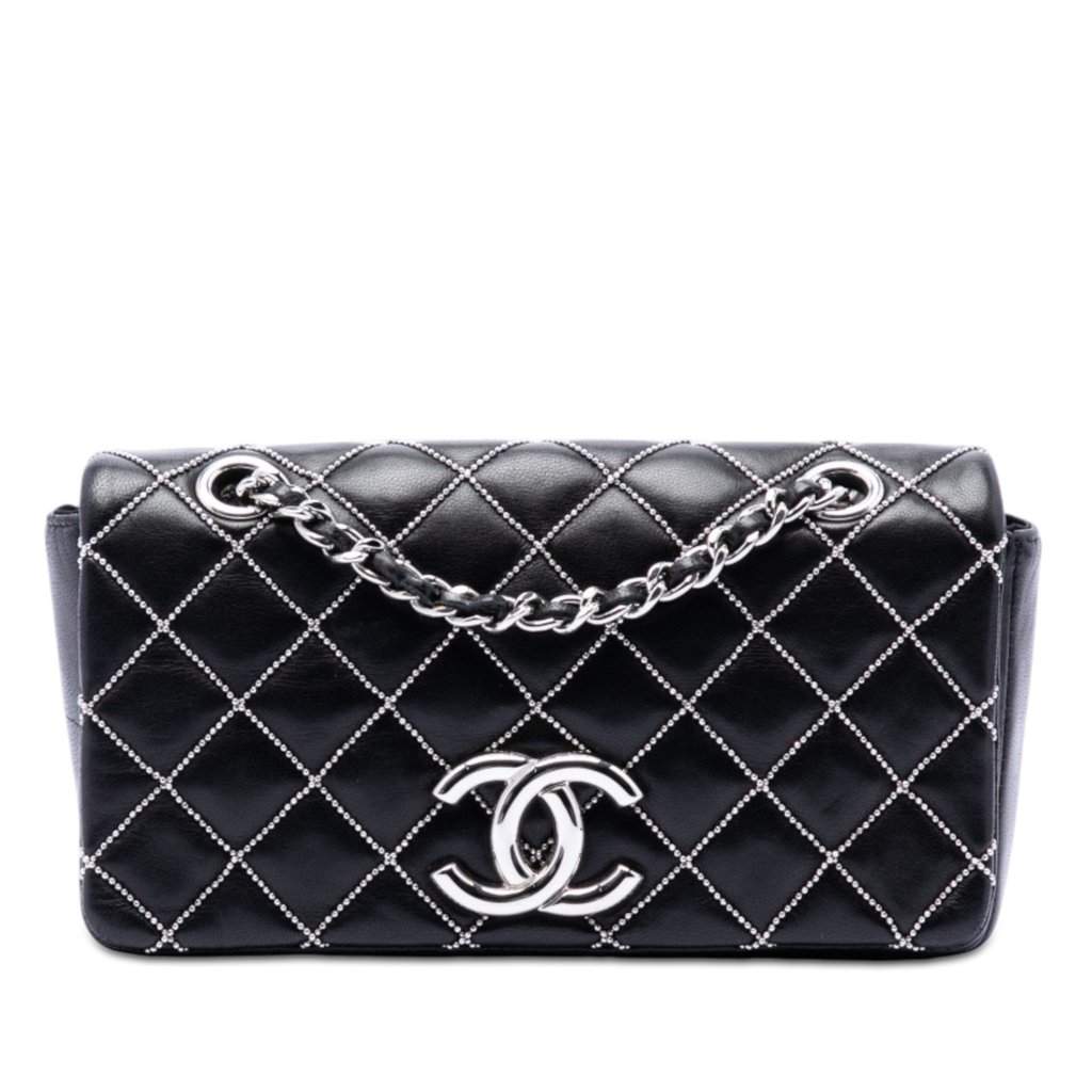 Chanel Mini CC Quilted Lambskin Beaded Full Flap Black Leather Very good - Front View