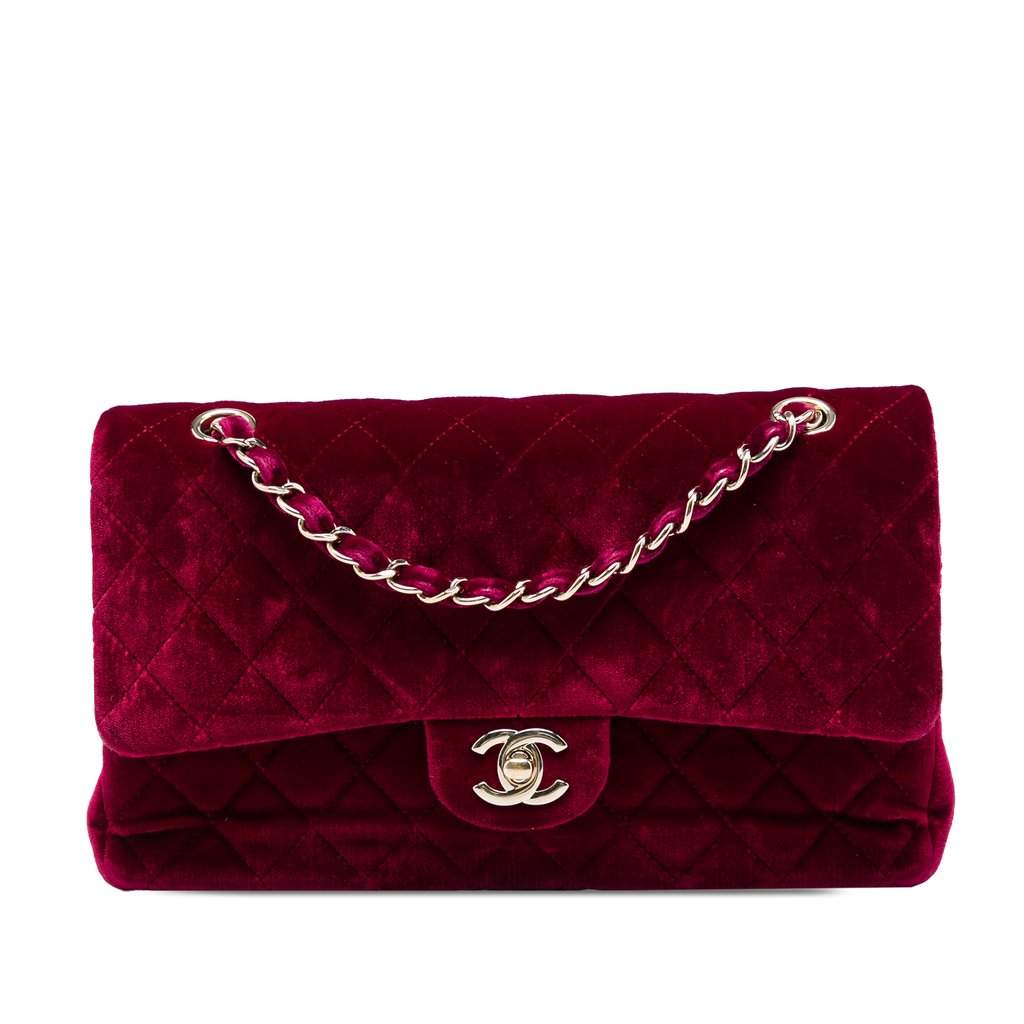 Chanel Medium Classic Velvet Double Flap Red Very good - Front View