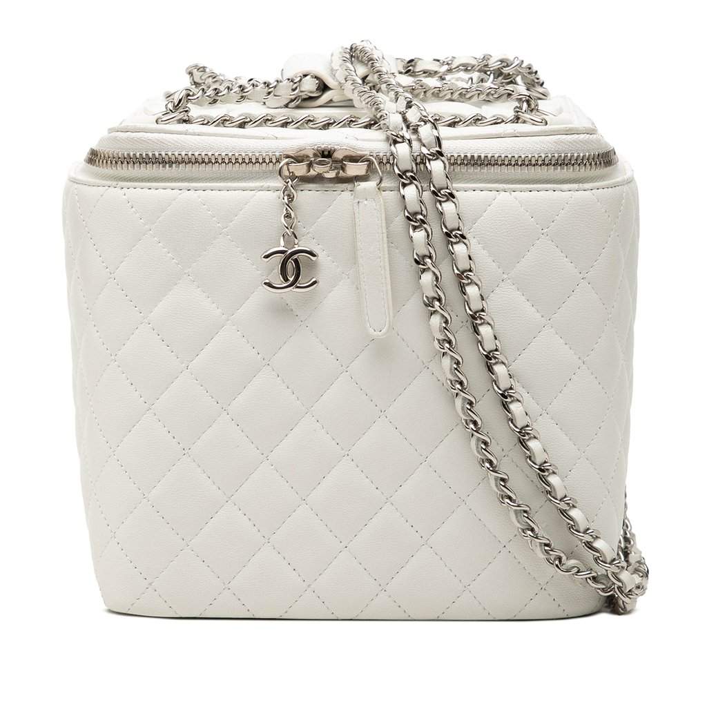 Chanel Large Quilted Lambskin Top Handle Jewelry Box With Chain White Leather Very good - Front View