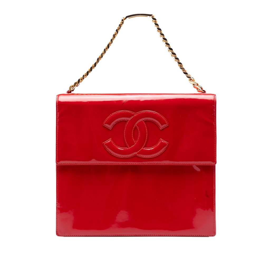 Chanel CC Patent Chain Top Handle Flap Black Leather Very good condition - Front View