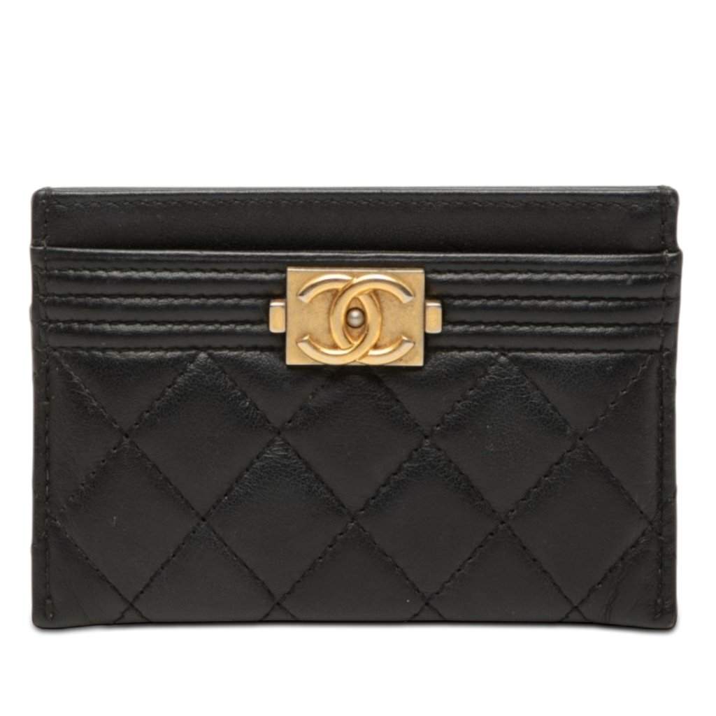 Chanel Quilted Lambskin Boy Card Holder Black Leather Very good condition - Front View