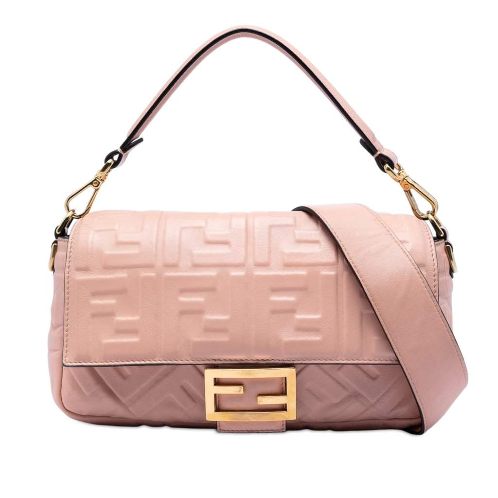 Fendi Zucca Embossed Leather Baguette Satchel Pink Leather Very good condition - Front View