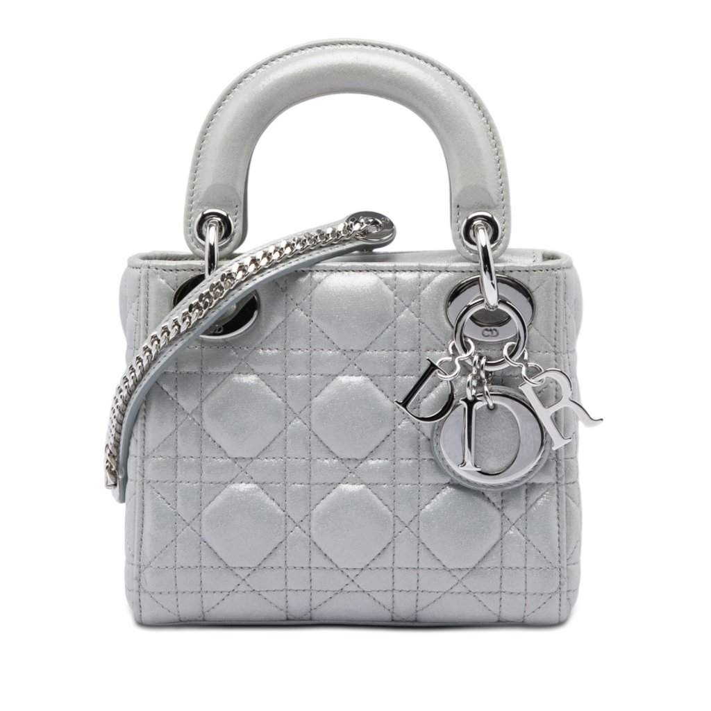 Dior Mini Iridescent Lambskin Cannage Lady Dior Silver Leather Very good condition - Front View