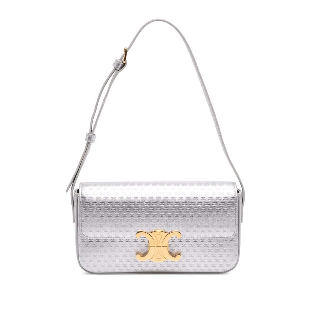 Celine Triomphe All Over Laminated Calfskin Claude Shoulder Bag Silver Leather Very good - Front View