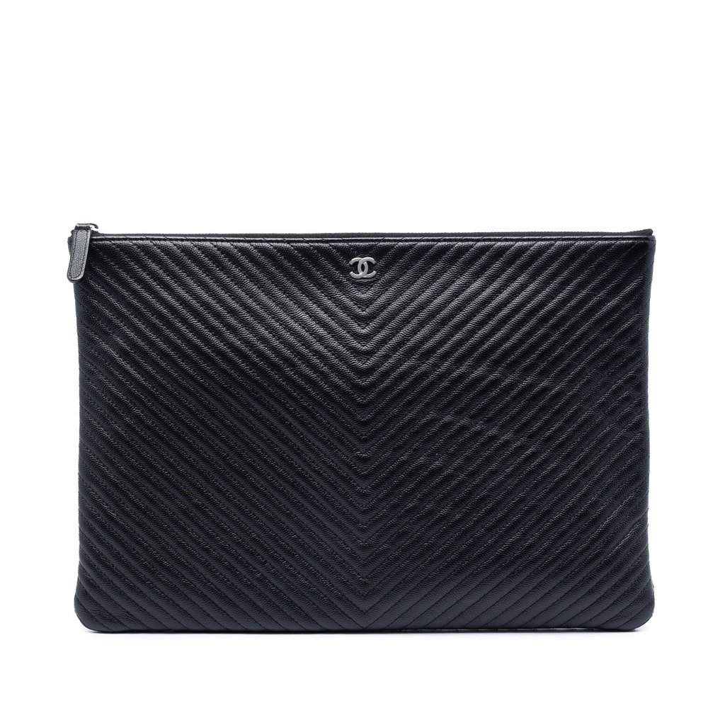 Chanel Large Chevron Caviar O Case Clutch Black Leather Very good condition - Front View