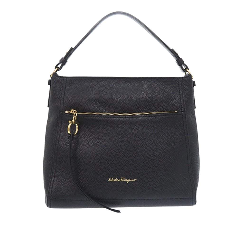 Salvatore Ferragamo Pebbled Leather Ally Hobo Black Leather Very good condition - Front View